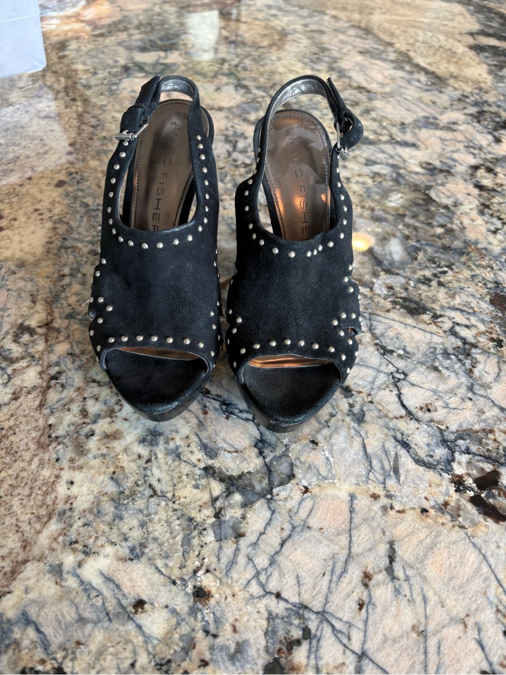 Marc Fisher Black Suede Studded Peep-Toe Slingback Heels-Platform